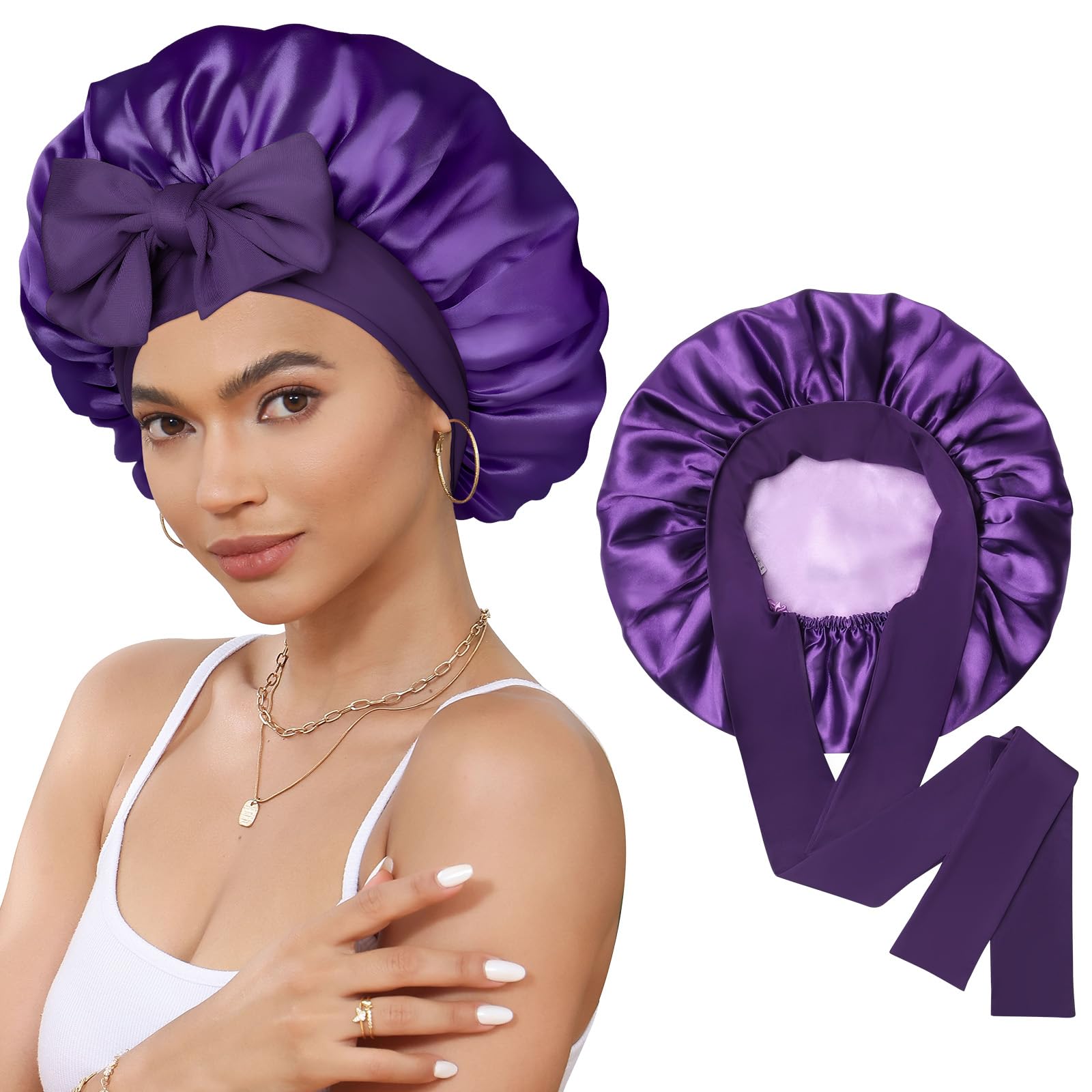 CHLINS bonete satin para dormir con banda elastica amplia protege el cabello durante la noche