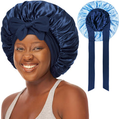Gorro de satén doble capa choshion para dormir en azul marino suaviza el peinado