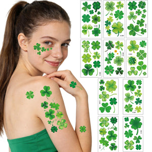 Tatuajes temporales Cifudec con trébol verde, ideales para fiestas y looks festivos.