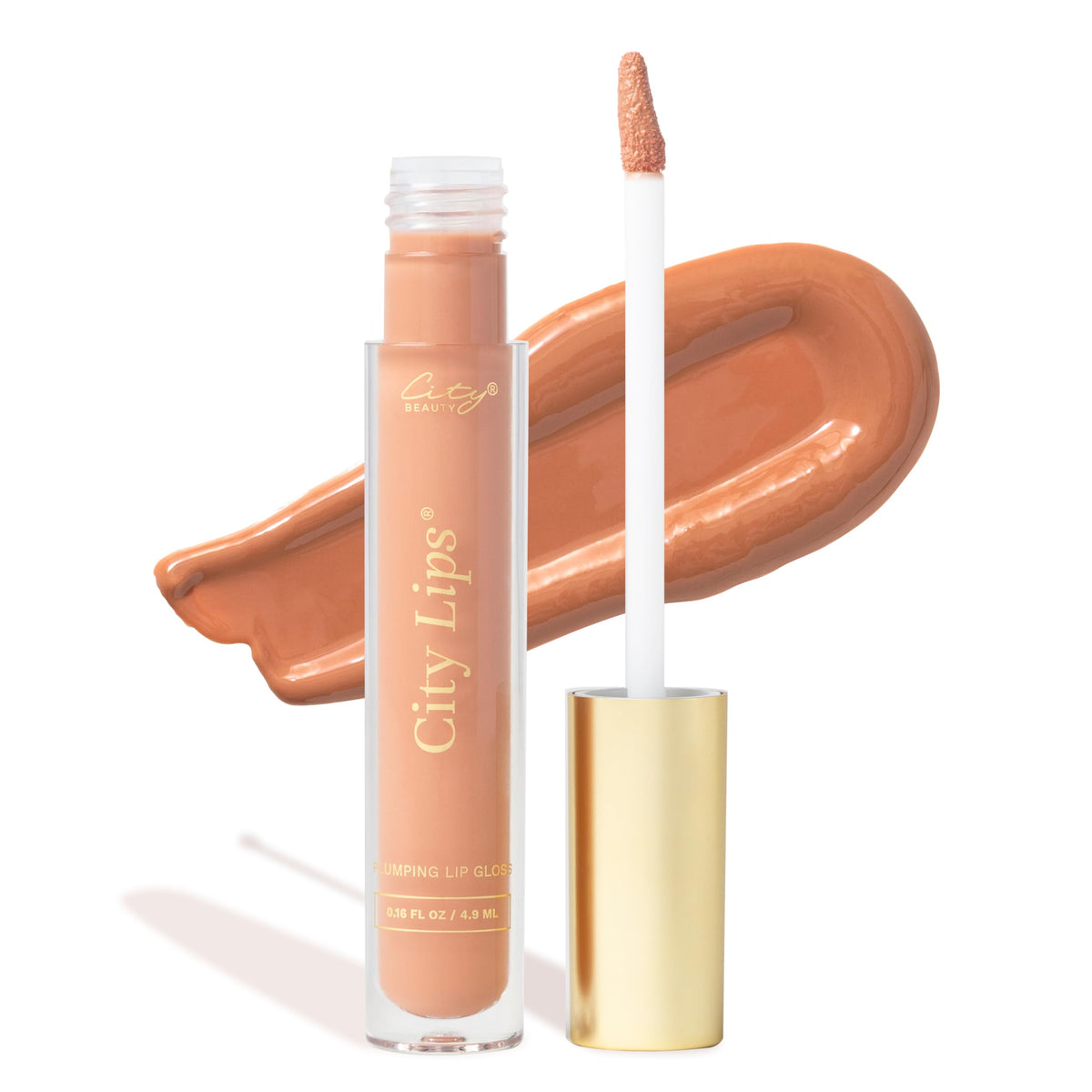 City Lips Nude, envase cercano, brillo inmediato y hidratación duradera.
