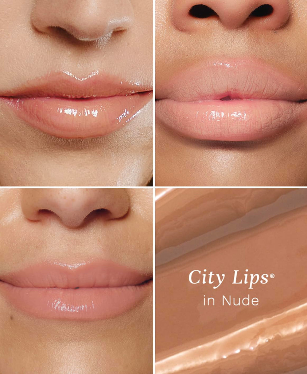 City Lips Nude, textura-brillo-nude, acabado glamoroso y hidratación profunda.
