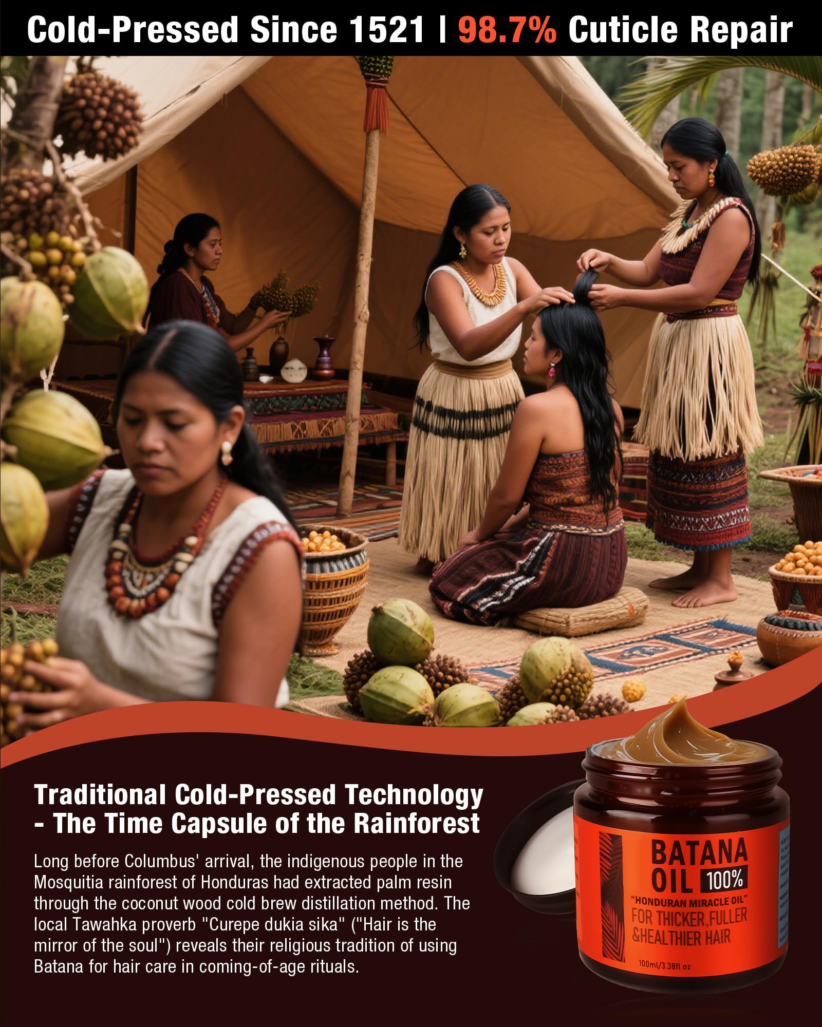 CKOWAJN Batana Oil: detalle de hilos de cabello que muestran elasticidad y brillo