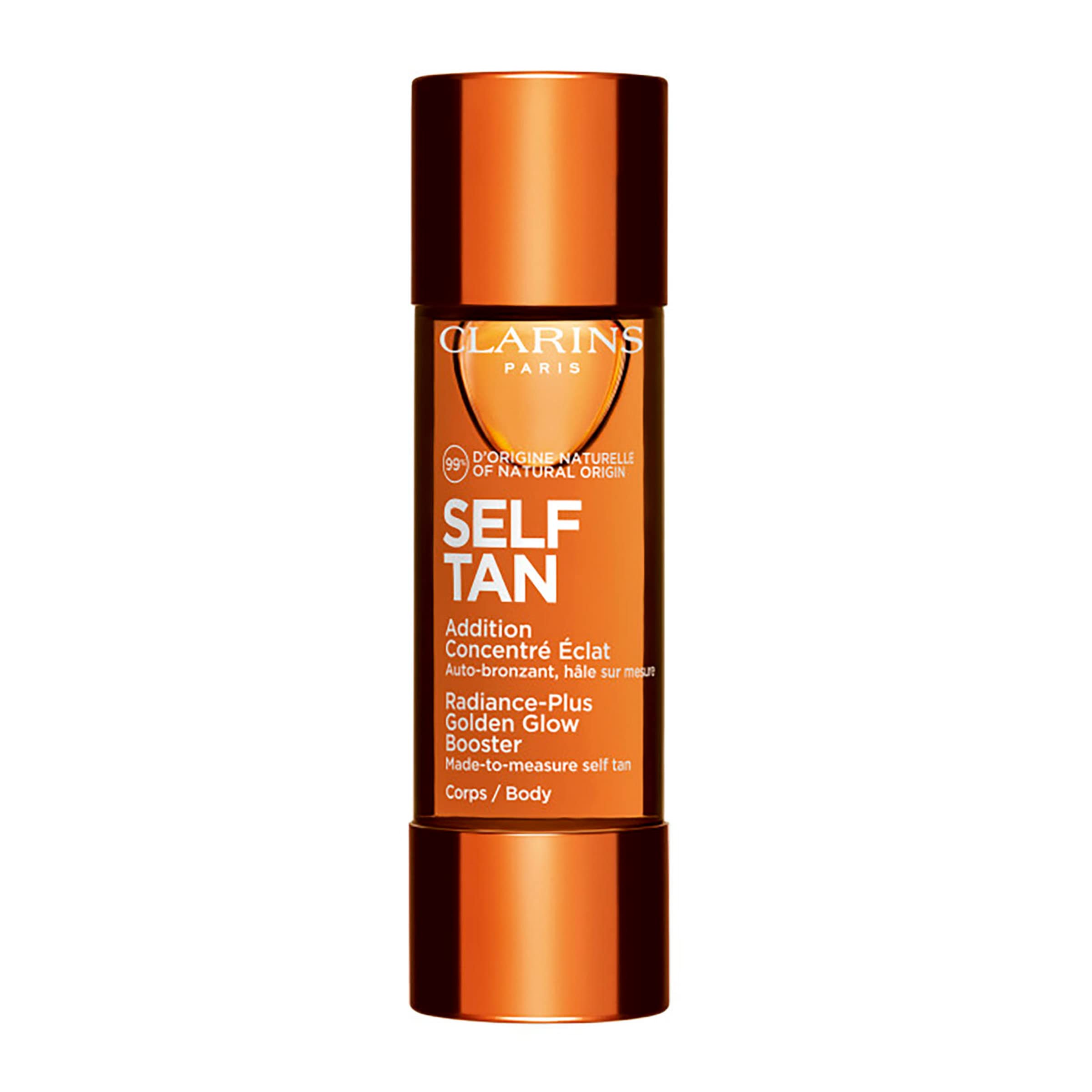 Clarins Autobronceador corporal, envase cercano, tono natural para piel radiante