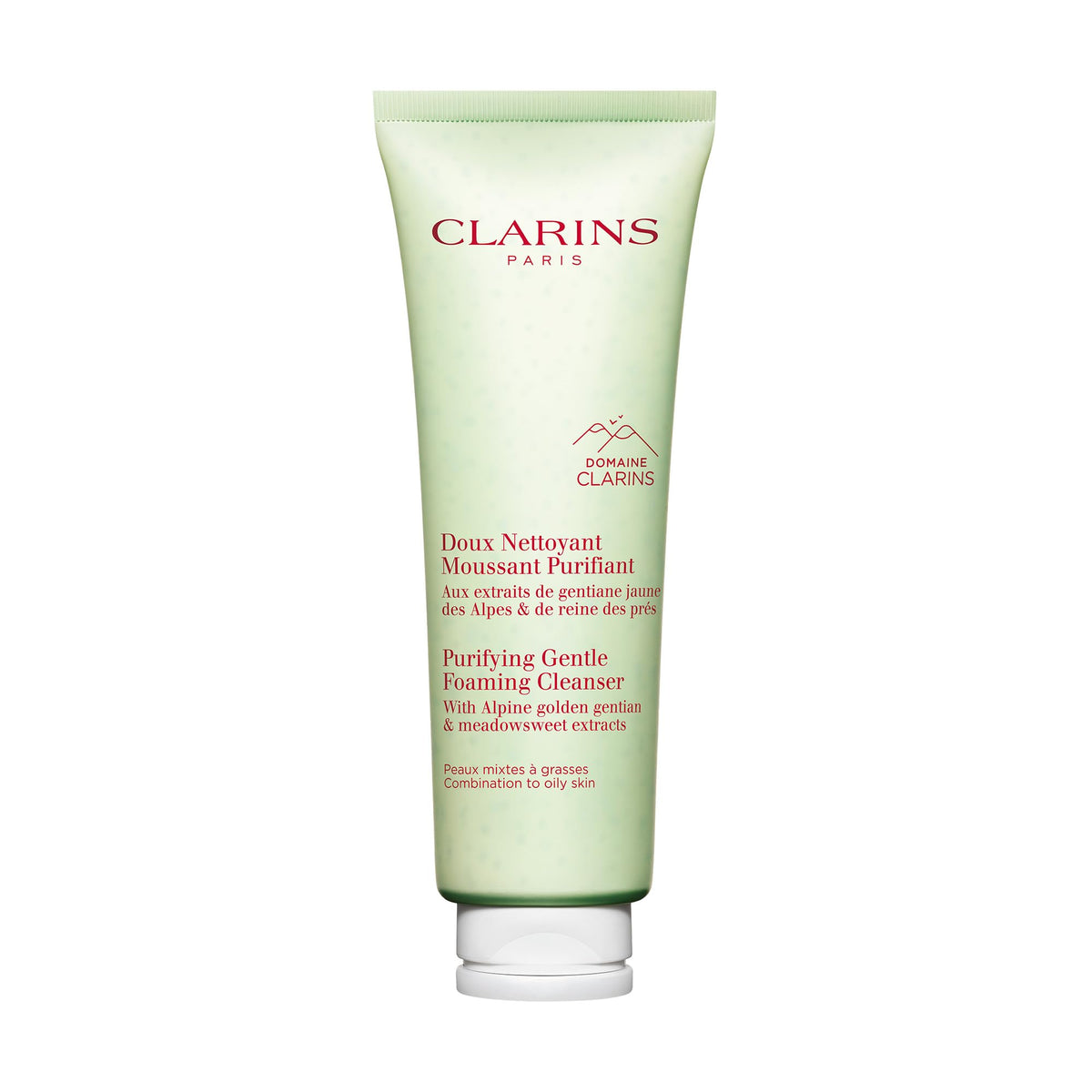 Clarins limpiador facial espumoso purificante en botella, ideal para piel mixta.