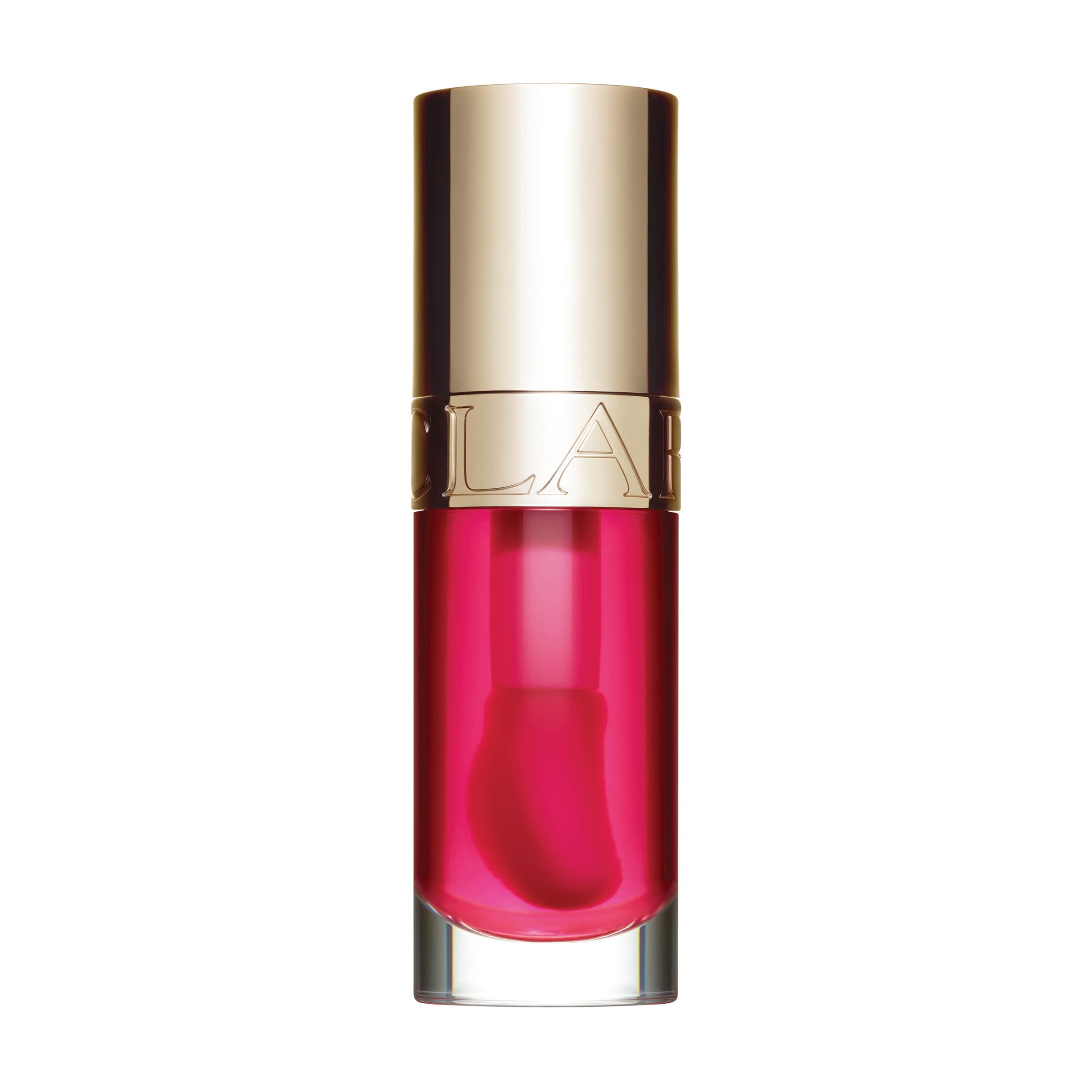 Clarins Lip Comfort Oil, botella brillante, brillo sedoso para labios.