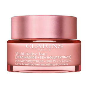 Clarins Multi-Active Crema de Día SPF15, textura ligera para absorción rápida.