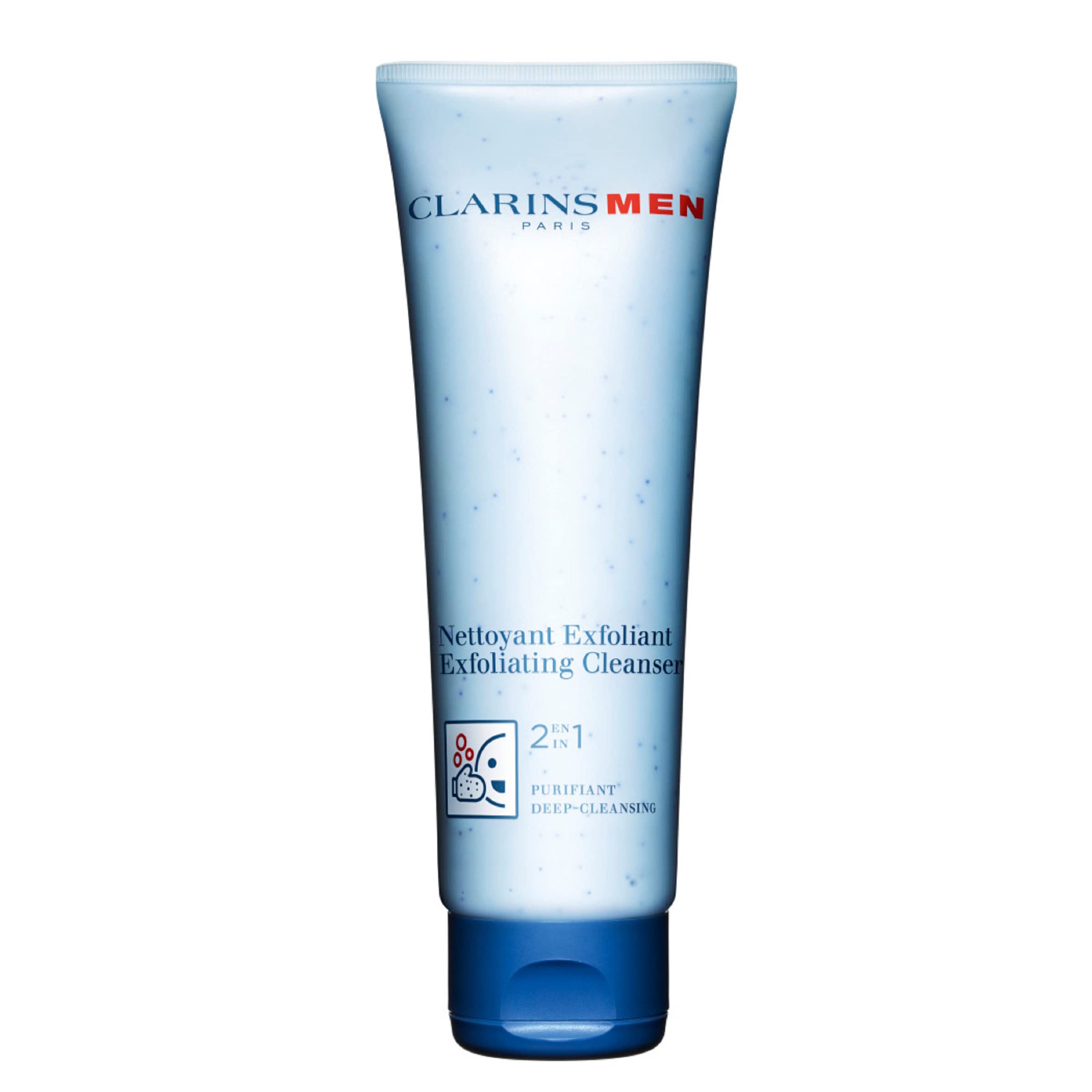 ClarinsMen Exfoliator Cleanser: botella, uso diario, proporciona limpieza suave para poros.