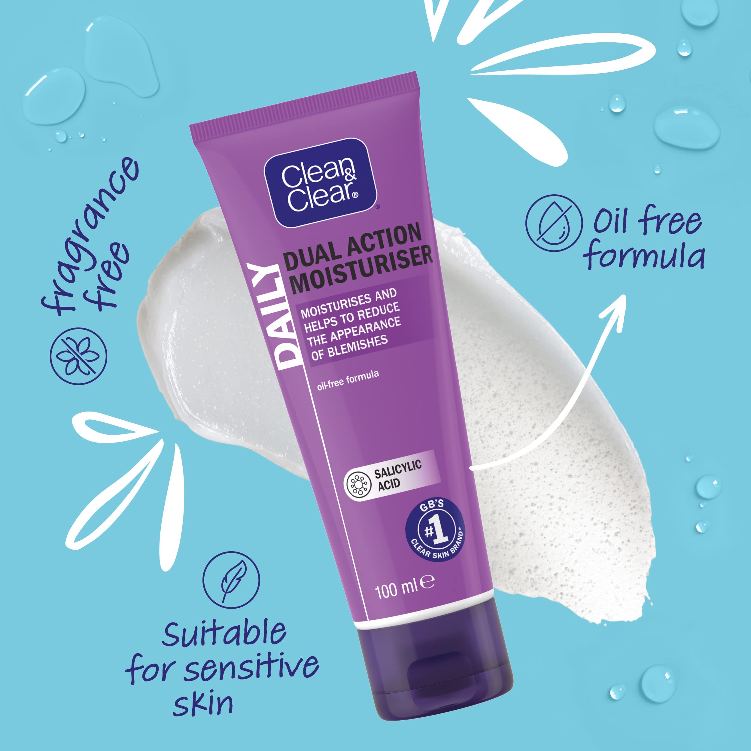 Clean & Clear aplicación diaria, crema cómoda para hidratación rápida.