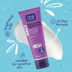 Clean & Clear aplicación diaria, crema cómoda para hidratación rápida.