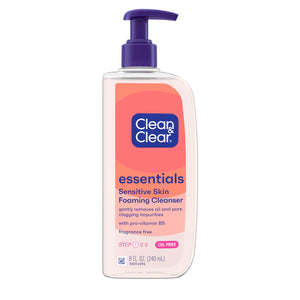 Clean & Clear Essentials: botella de limpiador espumoso para piel sensible.