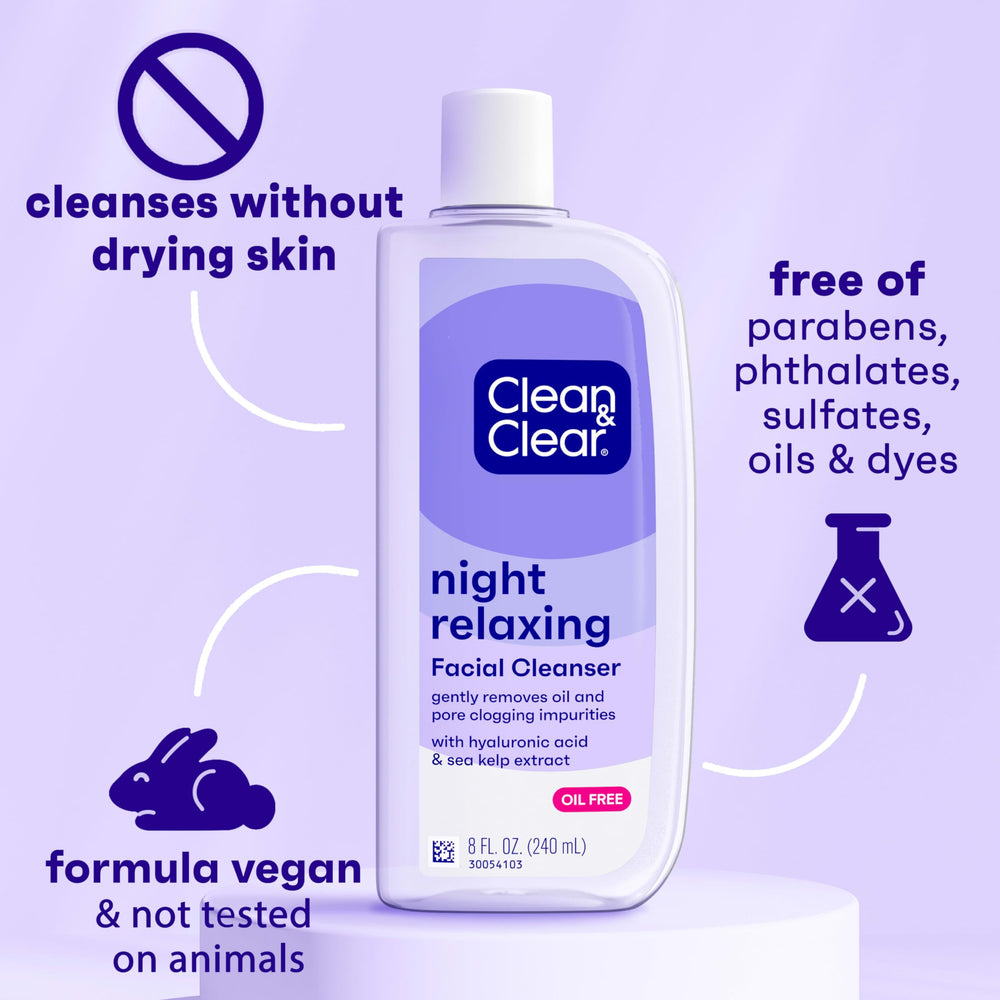 Clean & Clear Noche Relajante fórmula sin aceite para sensación ligera.