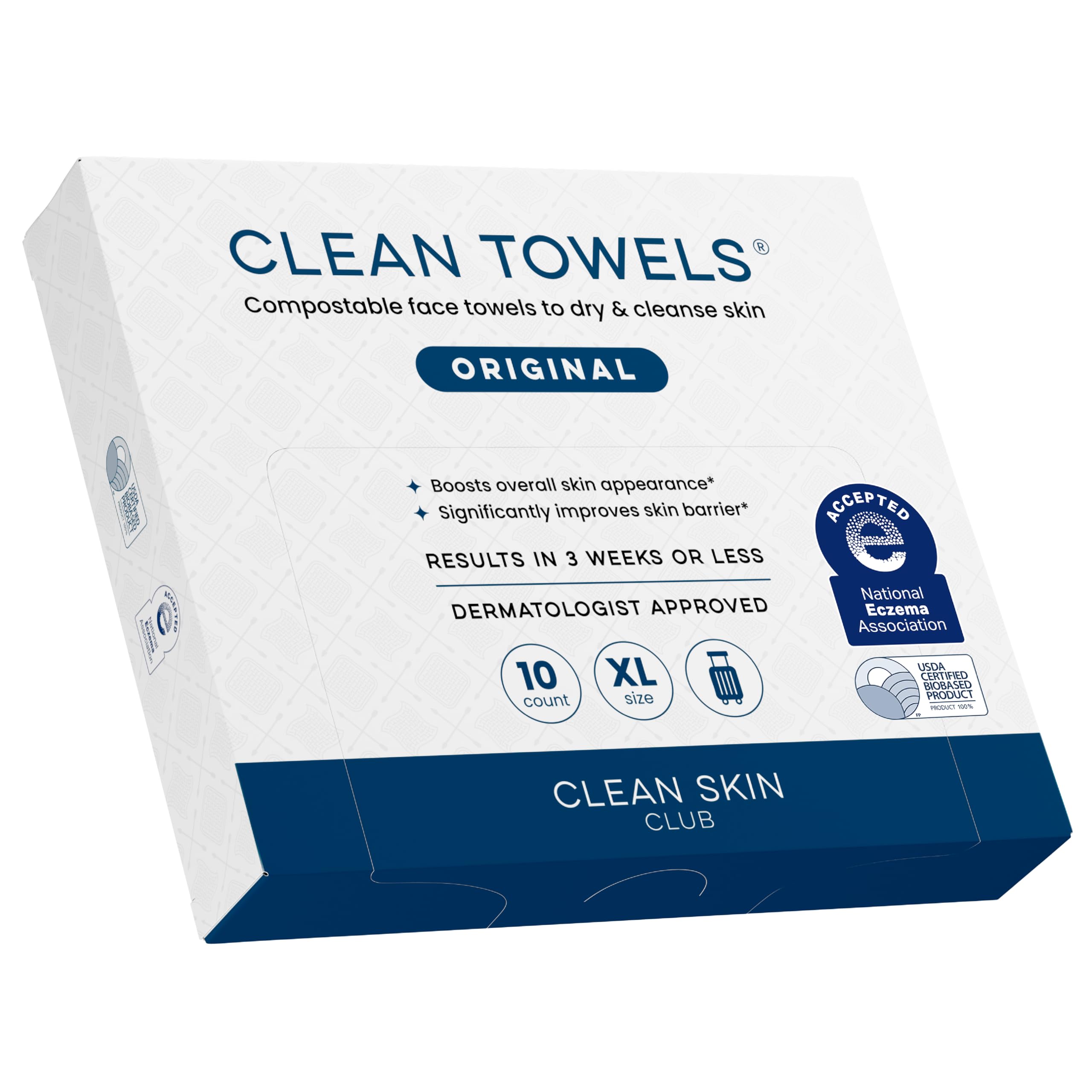Toalla facial XL de Clean Skin Club, empaque de viaje con 10 unidades.