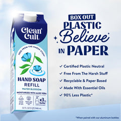 Envase de papel reciclable Cleancult para reducir residuos plásticos.