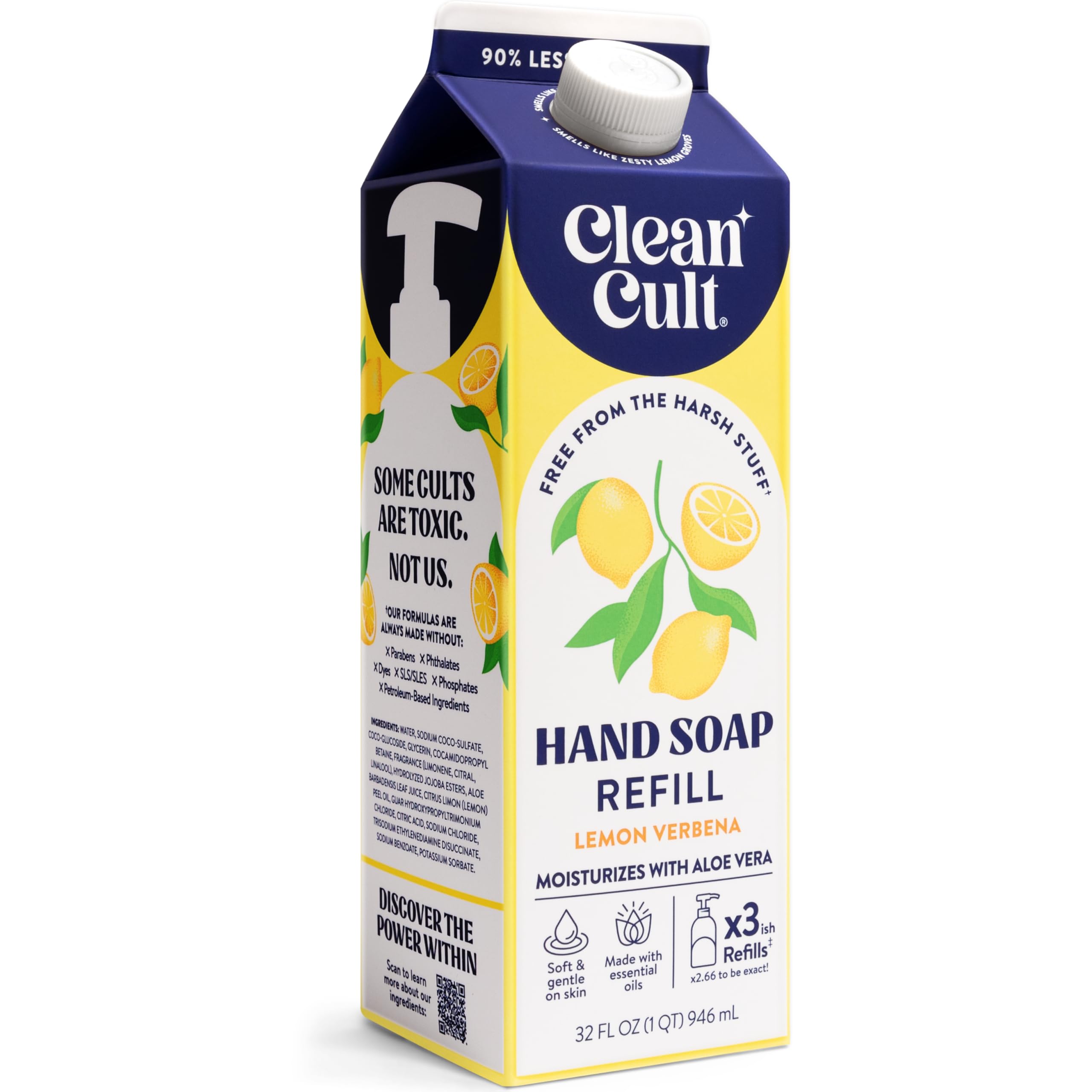 Cleancult jabon líquido relleno limon verbena, empaque de papel sostenible para reducir plástico.