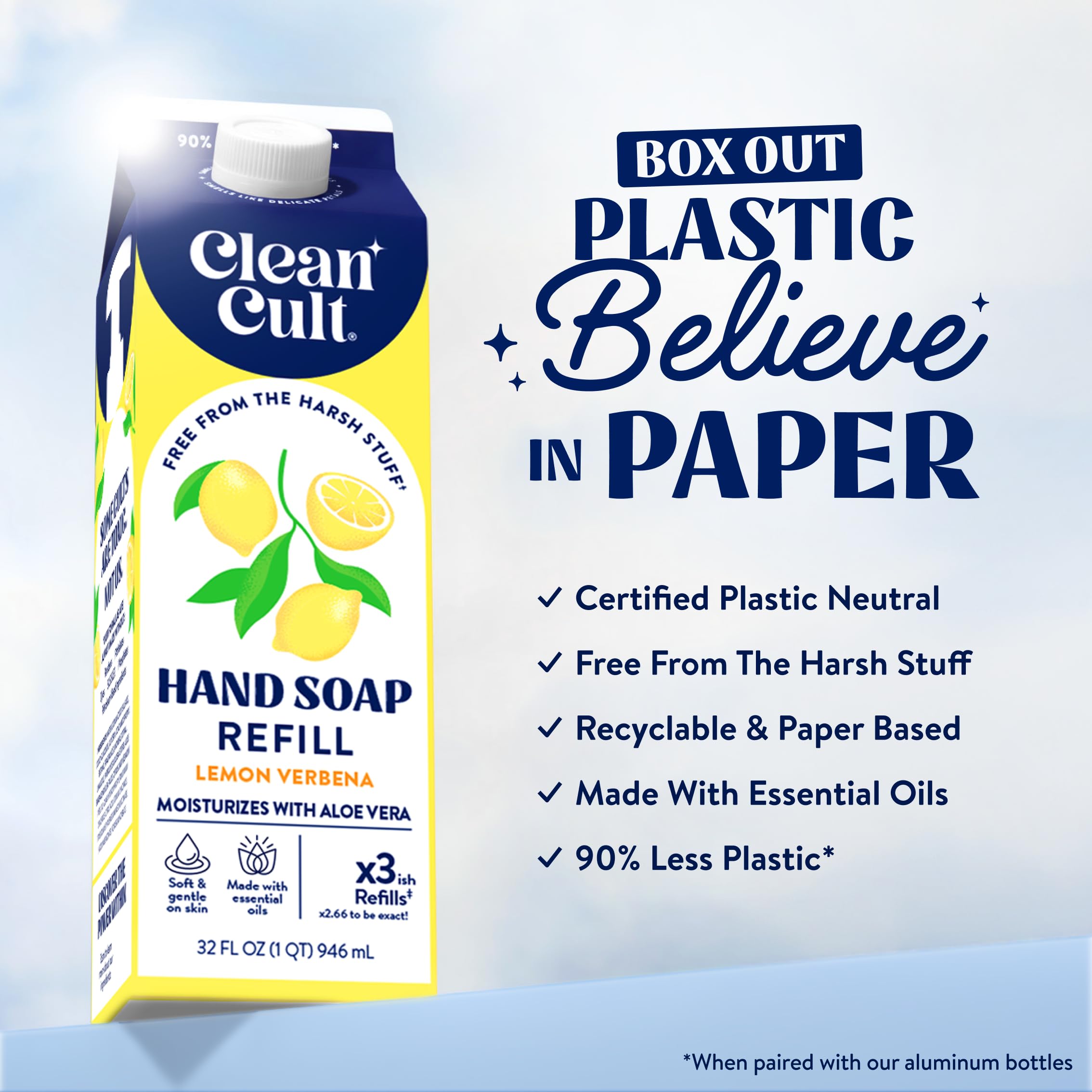 Cleancult jabon líquido relleno limon verbena, etiqueta frontal clara para identificar aroma cítrico.