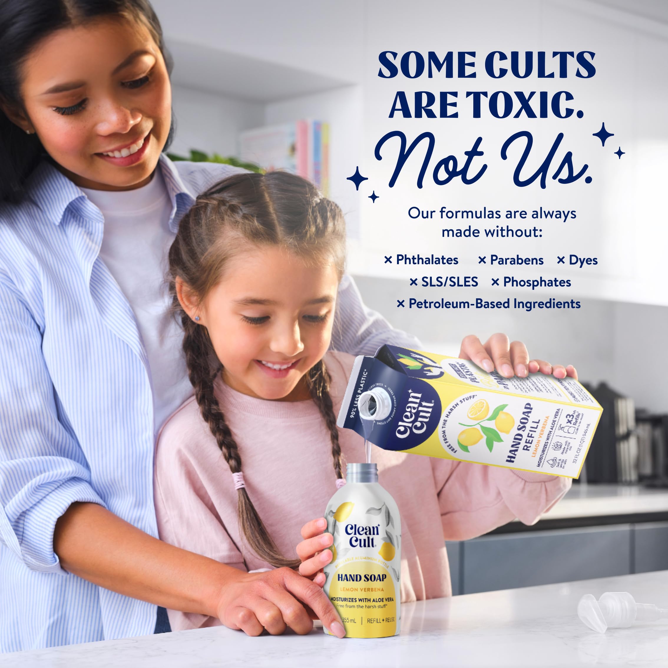 Cleancult jabon líquido relleno limon verbena, aplicación práctica en la palma para cada lavado.