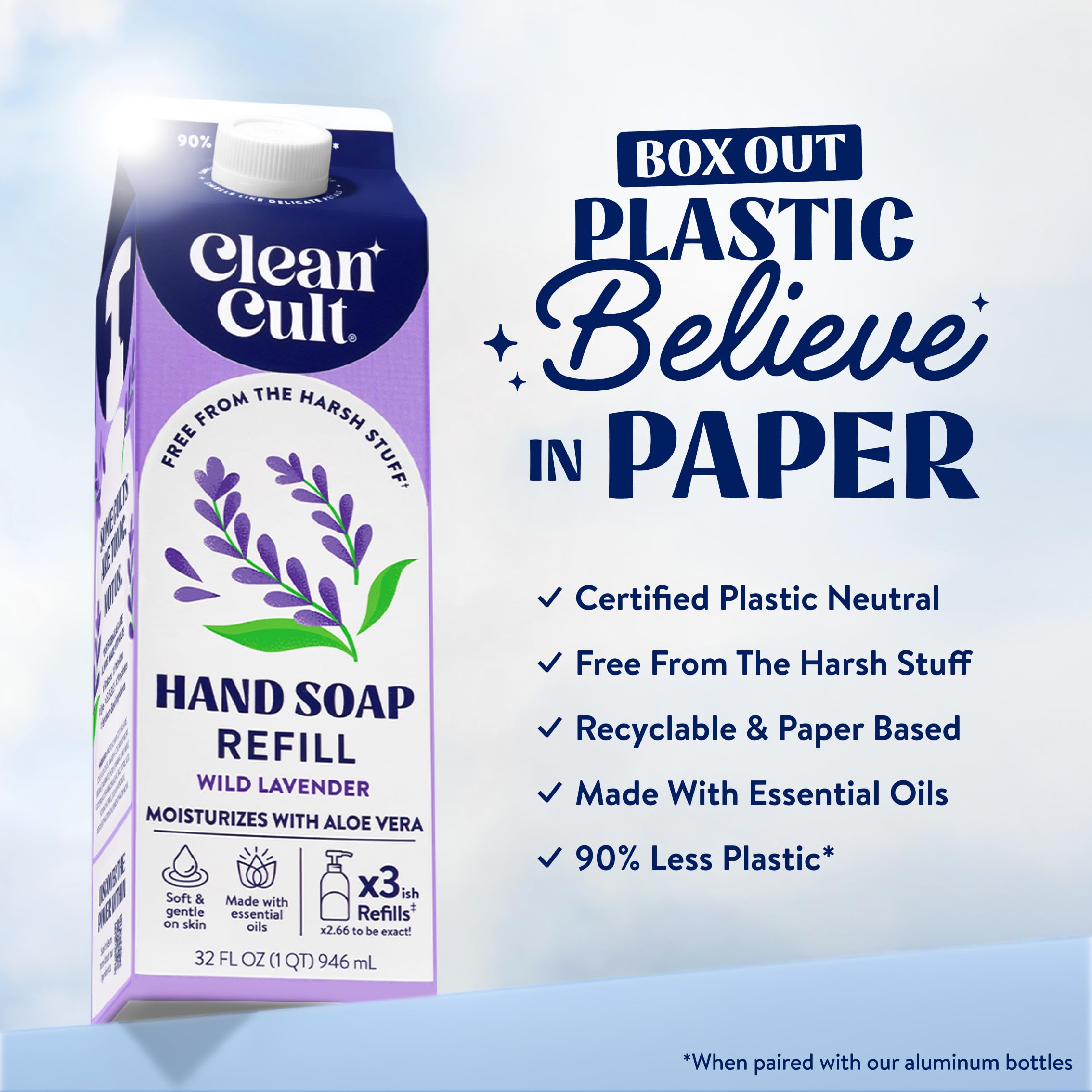 Recarga Cleancult jabón lavanda, 32 onzas, reduce residuos y facilita uso diario.