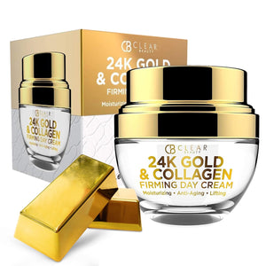 Clear Beauty 24K Oro Colágeno crema diurna en frasco, hidrata y mejora firmeza.