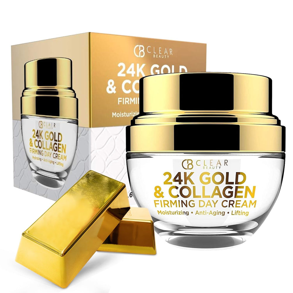 Clear Beauty 24K Oro Colágeno crema diurna en frasco, hidrata y mejora firmeza.