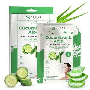 Clear Beauty mascarilla en hoja pepino y aloe para hidratación y calma facial.