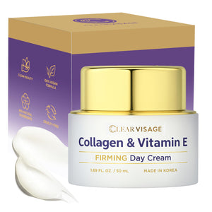 Clear Visage crema hidratante con colágeno y vitamina E en frasco, piel suave y nutrida.