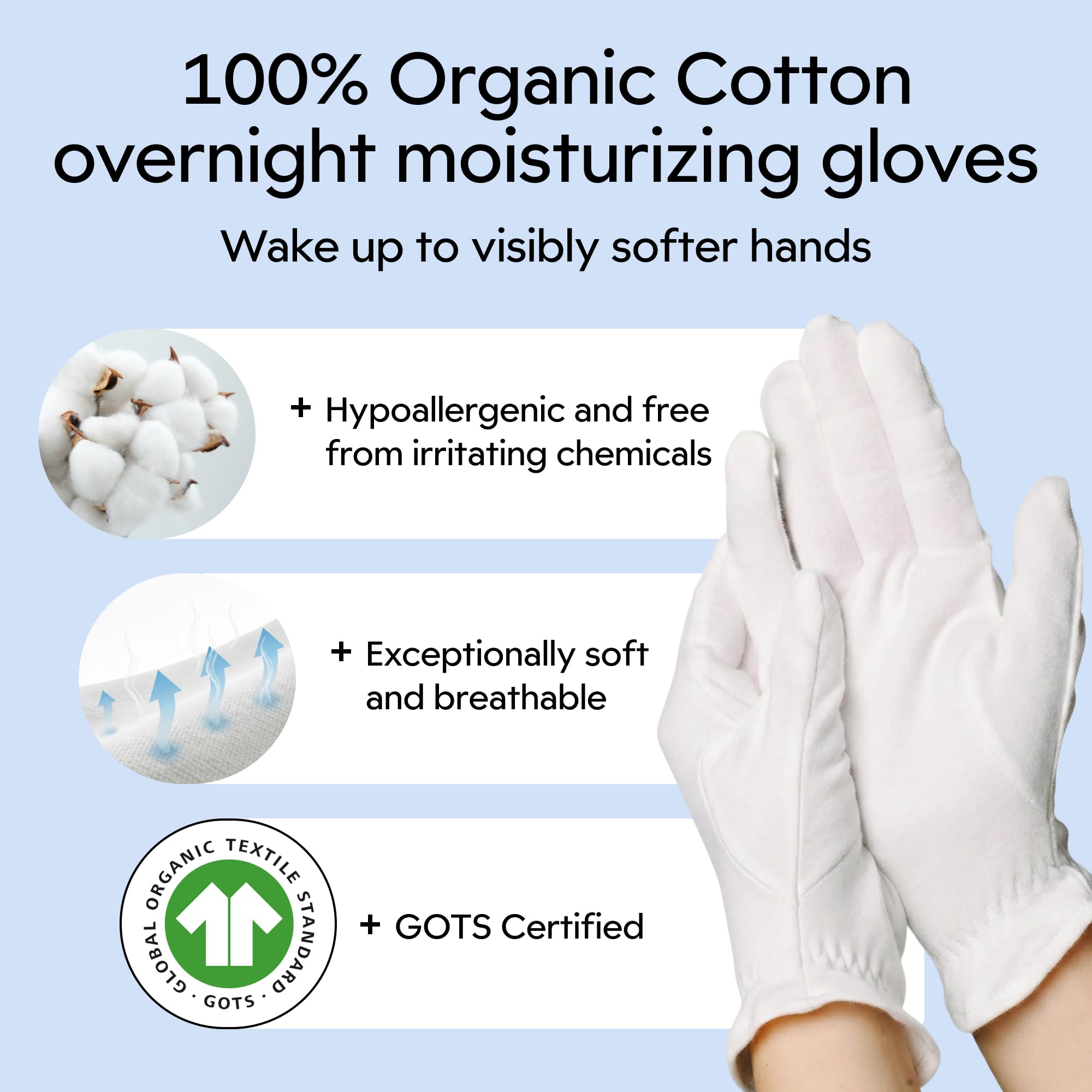 Guantes Clearbody Organics con textura suave y transpirable para piel sensible durante el sueño.