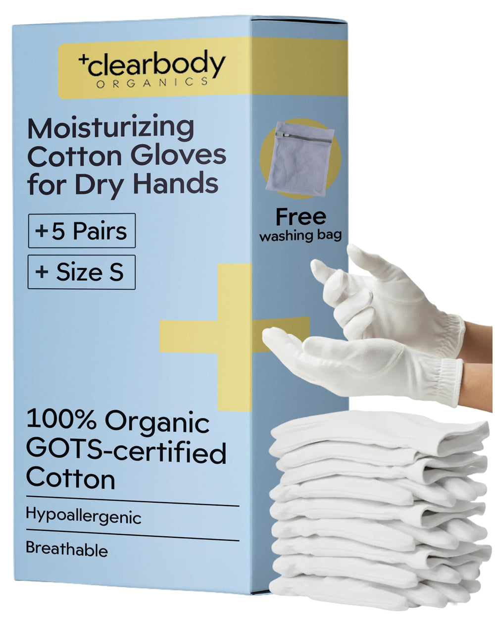 Guantes Clearbody Organics de algodón 100% para manos secas durante la noche.