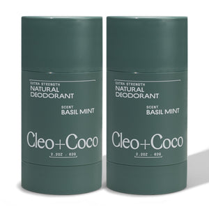 Cleo + Coco bálsamo desodorante albahaca menta en empaque frontal, 2pack para frescura diaria.