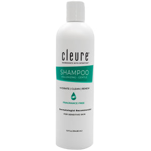 Cleure hypoallergenic volumizing shampoo bottle highlighting fragrance-free formula for sensitive skin