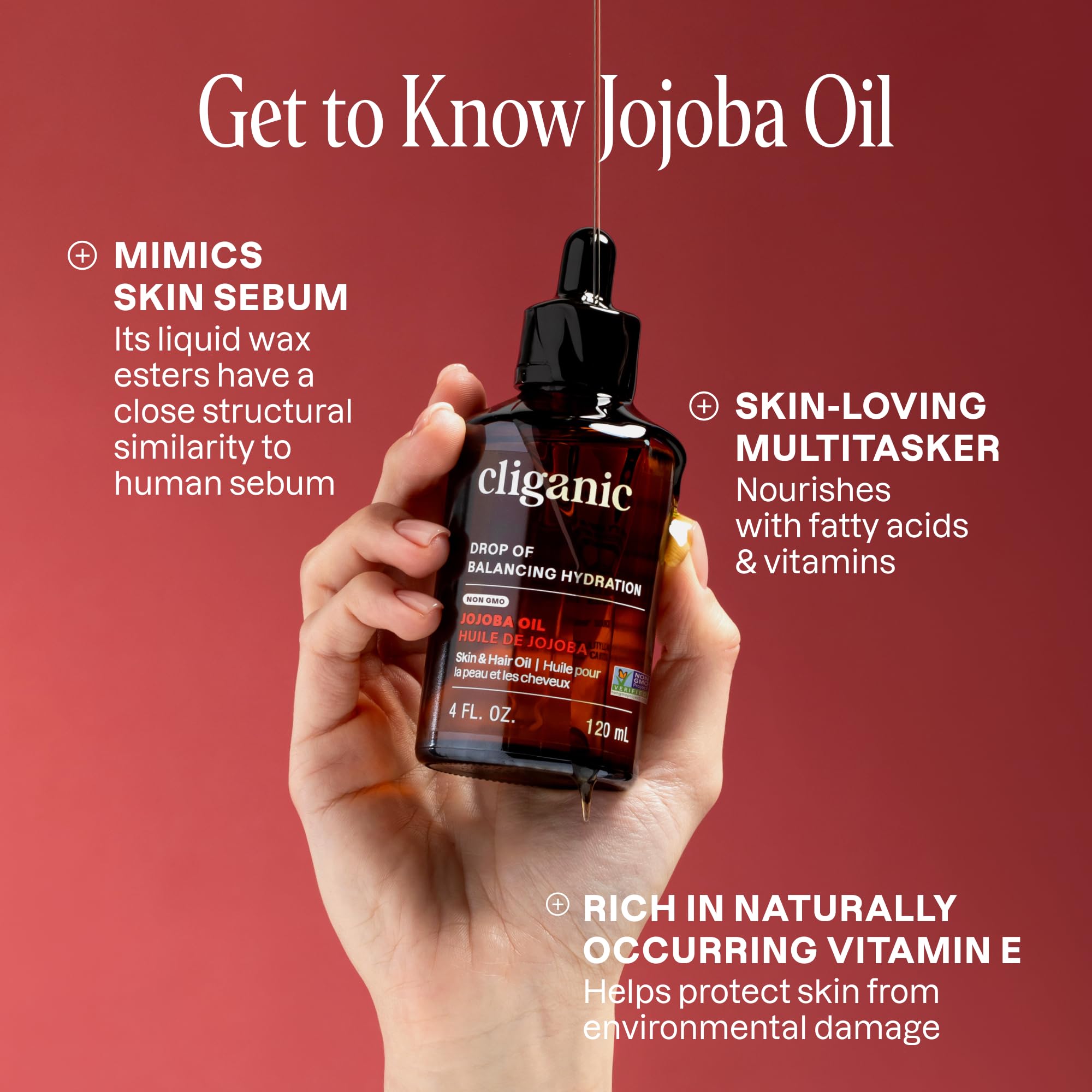 Cliganic aceite de jojoba: etiqueta cercana, producto único y natural.