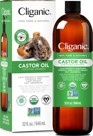 Cliganic aceite de ricino orgánico 32oz, ideal para cabello y pestañas.