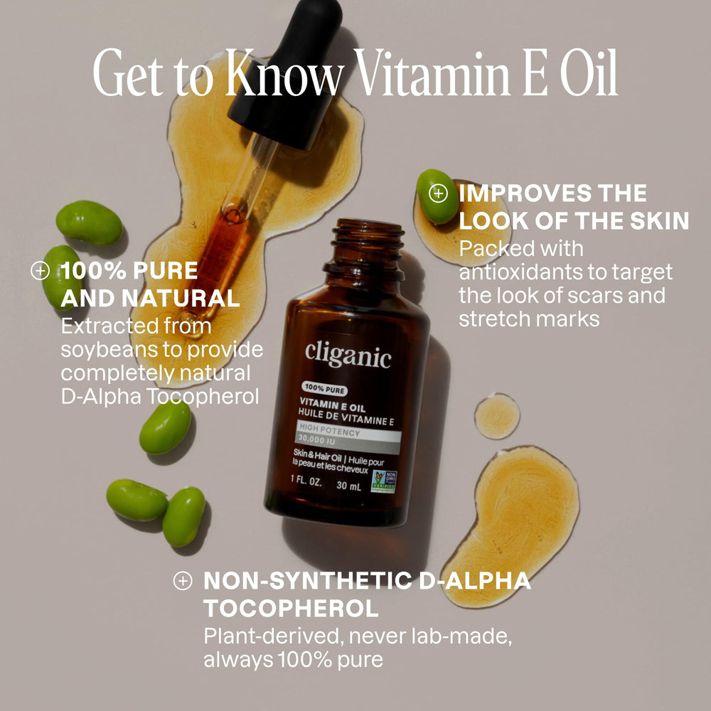 Cliganic vitamina E para cabello, aporta brillo y elasticidad.
