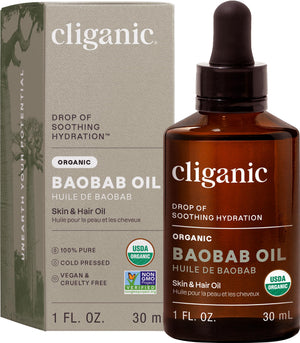 Cliganic Baobab Oil: botella con gotero para dosificación fácil.