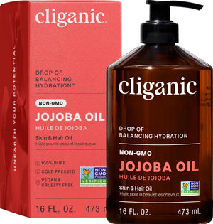 Cliganic Aceite de Jojoba a granel con bomba, ideal para uso diario en piel y cabello.