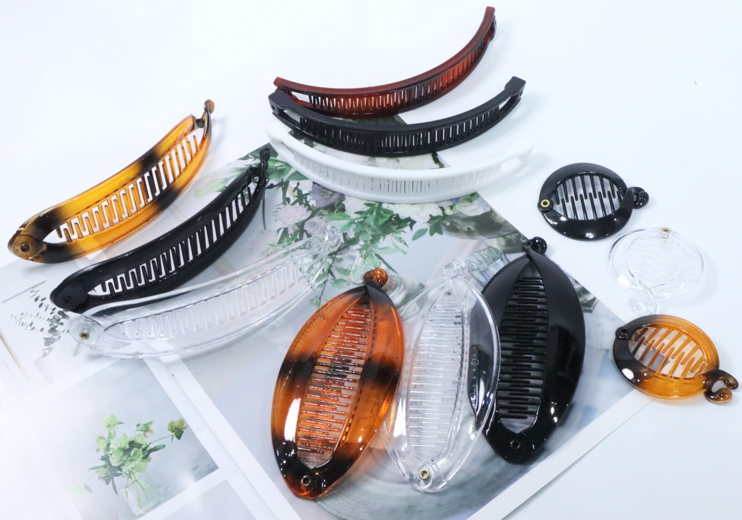 Clips banana acrílicos con bordes suaves para protección.