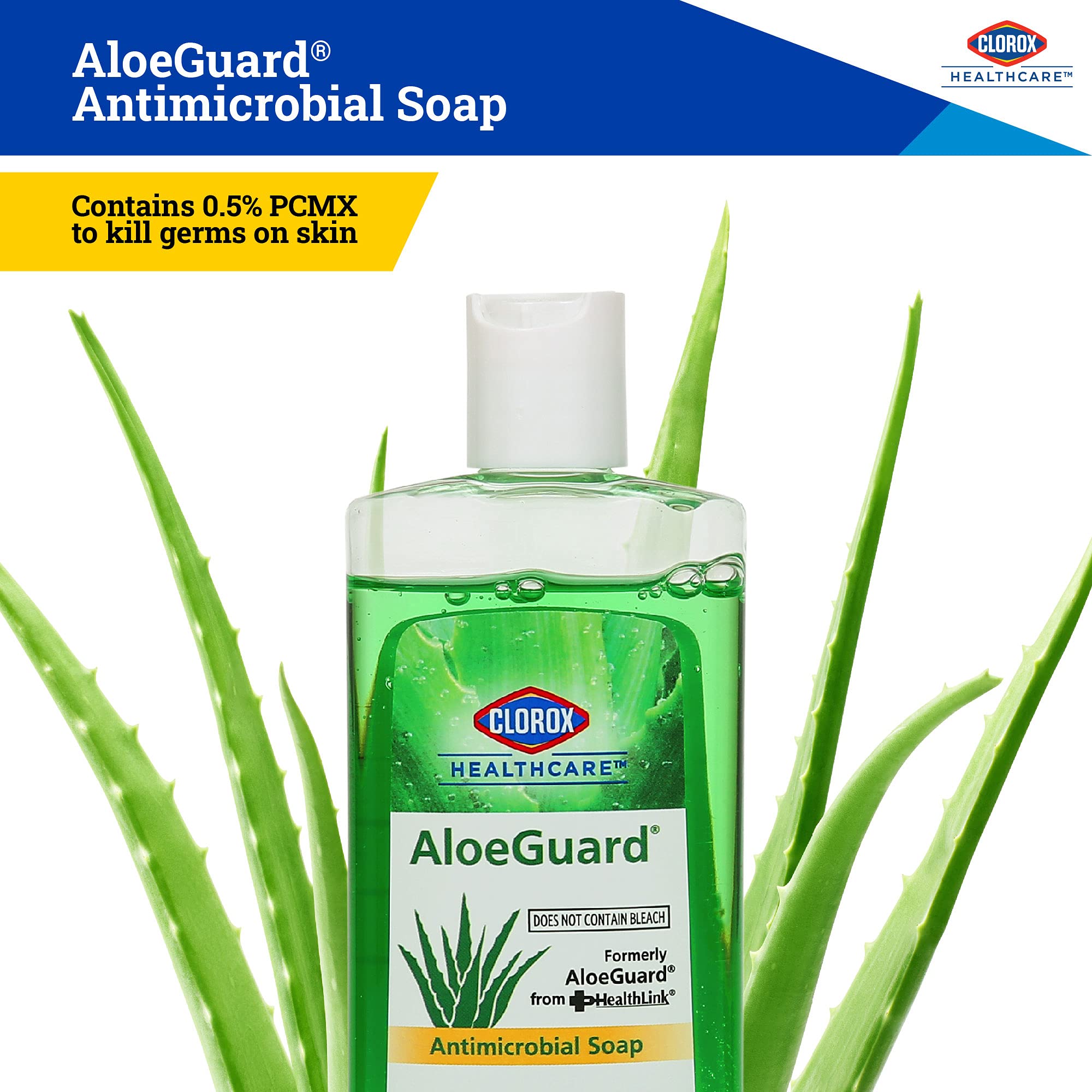 Clorox AloeGuard, etiqueta-frontal: diseño claro para confianza en entornos clínicos.
