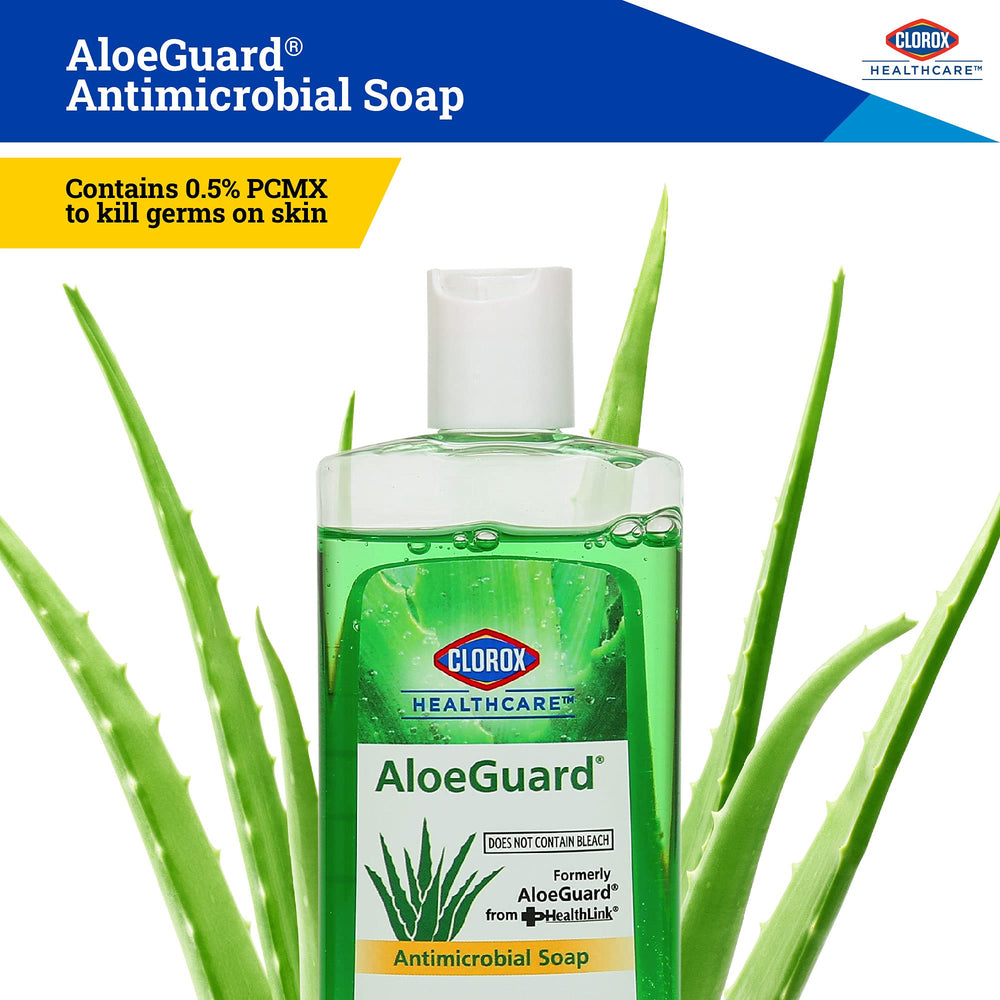 Clorox AloeGuard, etiqueta-frontal: diseño claro para confianza en entornos clínicos.