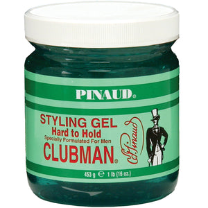 Clubman Pinaud gel para cabello en tarro 16 onzas ofrece fijación duradera con brillo.