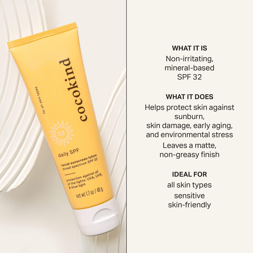 Cocokind Daily SPF: zinc-oxide visible para protección mineral suave en piel.