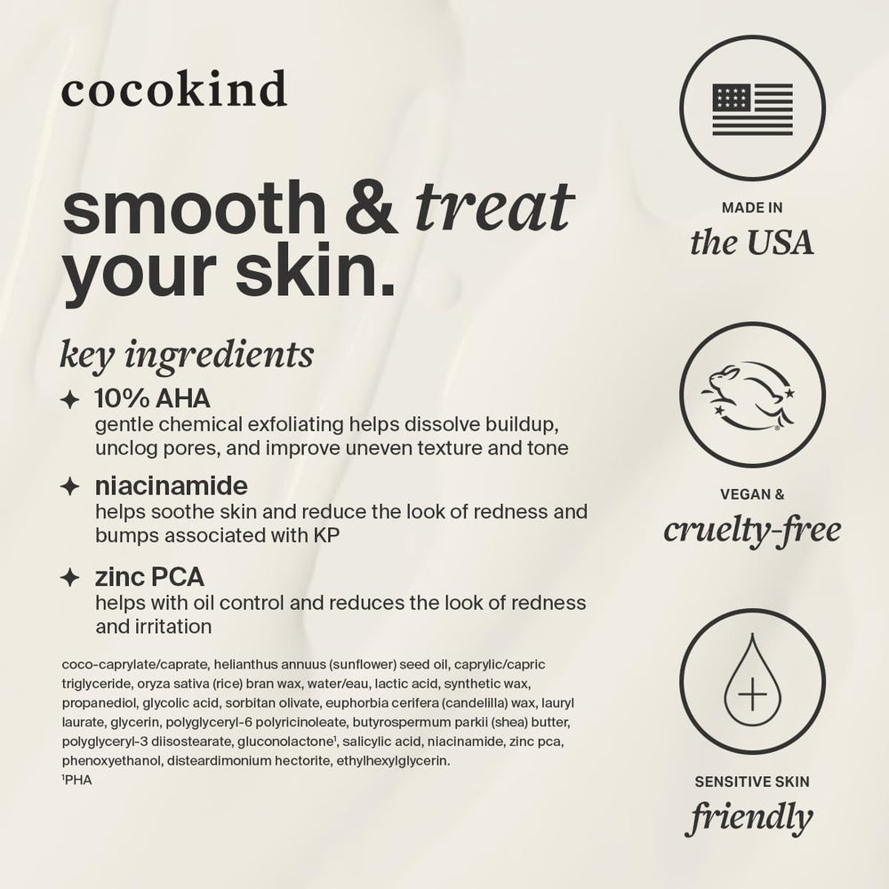 Cocokind KP Barra Alisadora, diez por ciento AHA para exfoliar suavemente la piel.