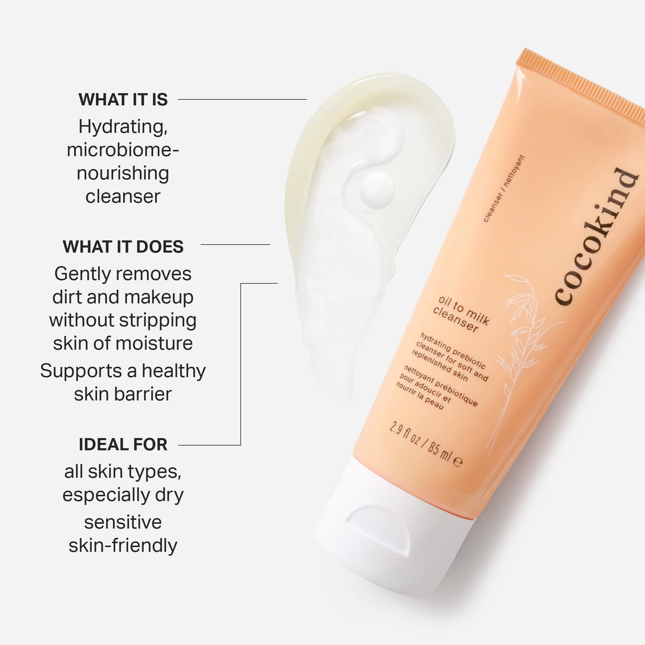 Cocokind limpiador facial aceite a leche, espuma suave que deja la piel limpia y fresca.
