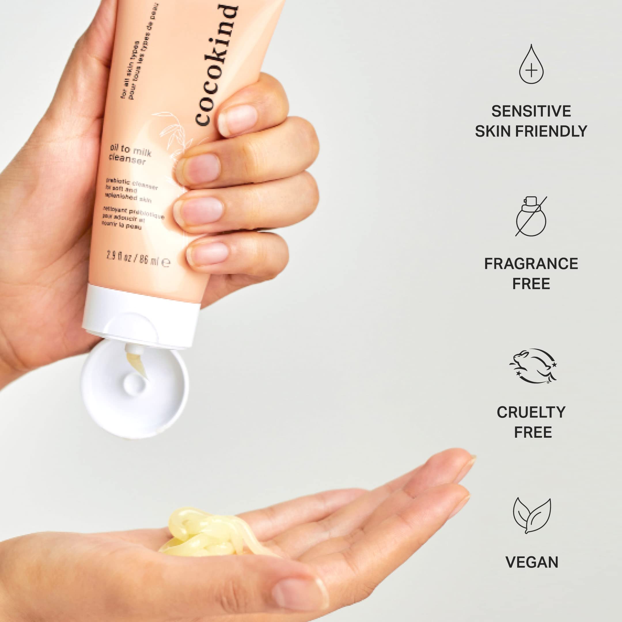 Cocokind limpiador facial aceite a leche, uso diario rápido y hidratacion.