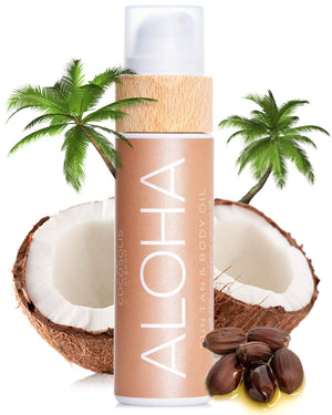 COCOSOLIS ALOHA: botella de aceite bronceador para bronceado uniforme y luminoso.