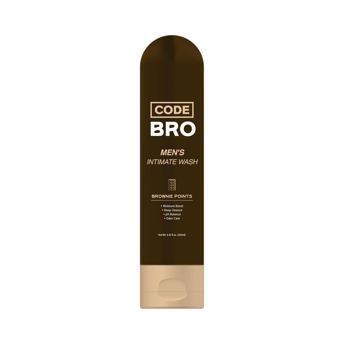 Code Bro Brownie Point botella 250 ml, higiene masculina suave y profunda.
