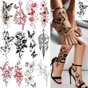 Tatuaje temporal COKTAK mariposas rosas grandes para piernas, aspecto realista.