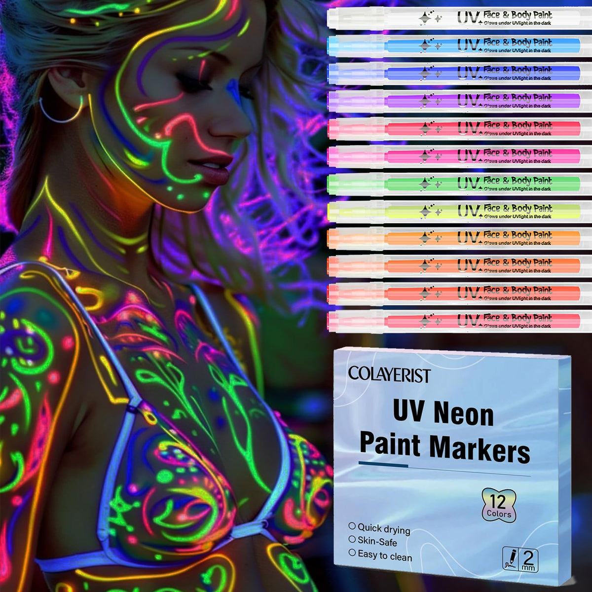 COLAYERIST 12 piezas, rotuladores de pintura facial neón brillan con UV para festivales.