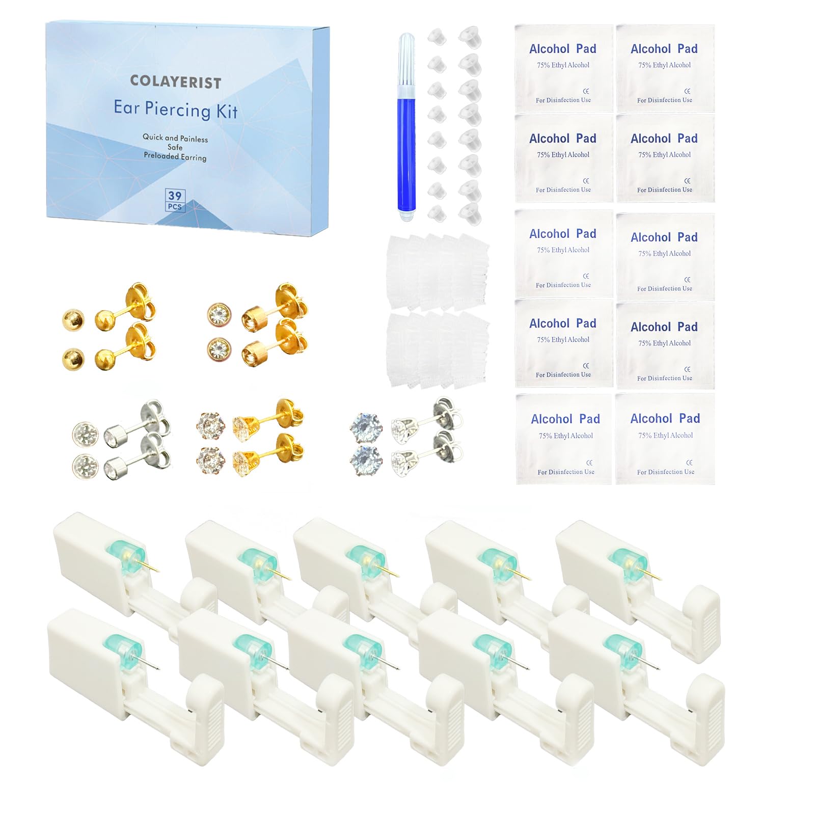 Kit COLAYERIST para perforación de orejas con pistola desechable para uso doméstico seguro.