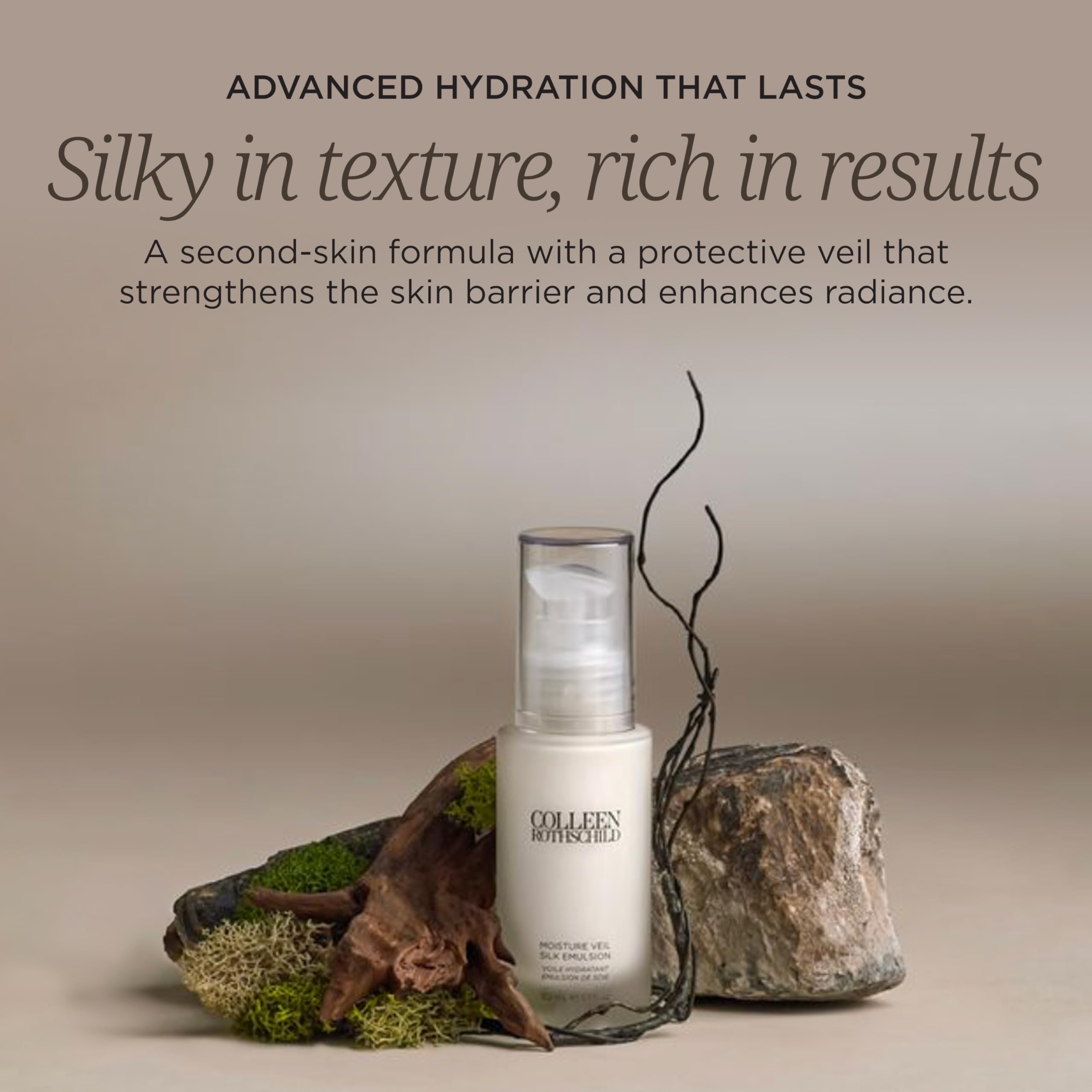 Colleen Rothschild Moisture Veil Silk Emulsion, enfoque en la textura seda, absorción rápida y sensación ligera.
