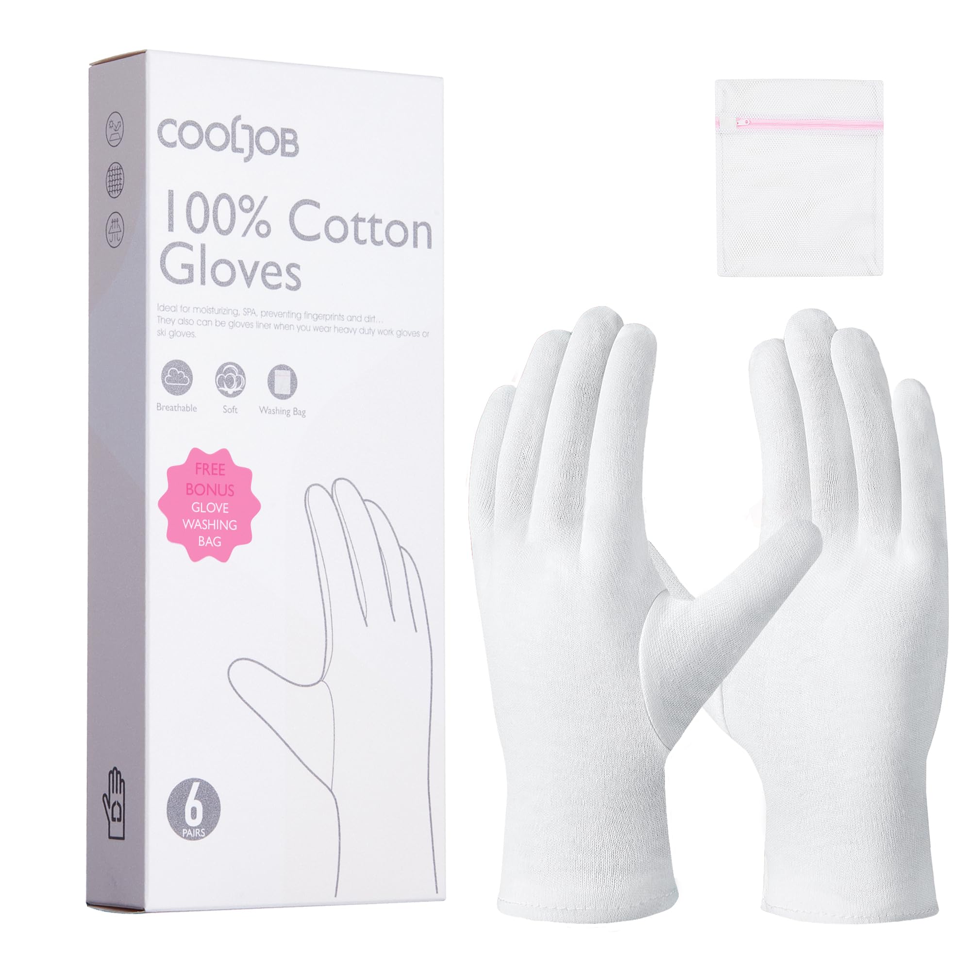Guantes COOLJOB de algodón 100% blancos para uso diario y cuidado de la piel.