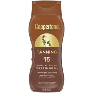 Coppertone Bronceador SPF 15 en botella de 8 onzas, crema ligera para piel cómoda.